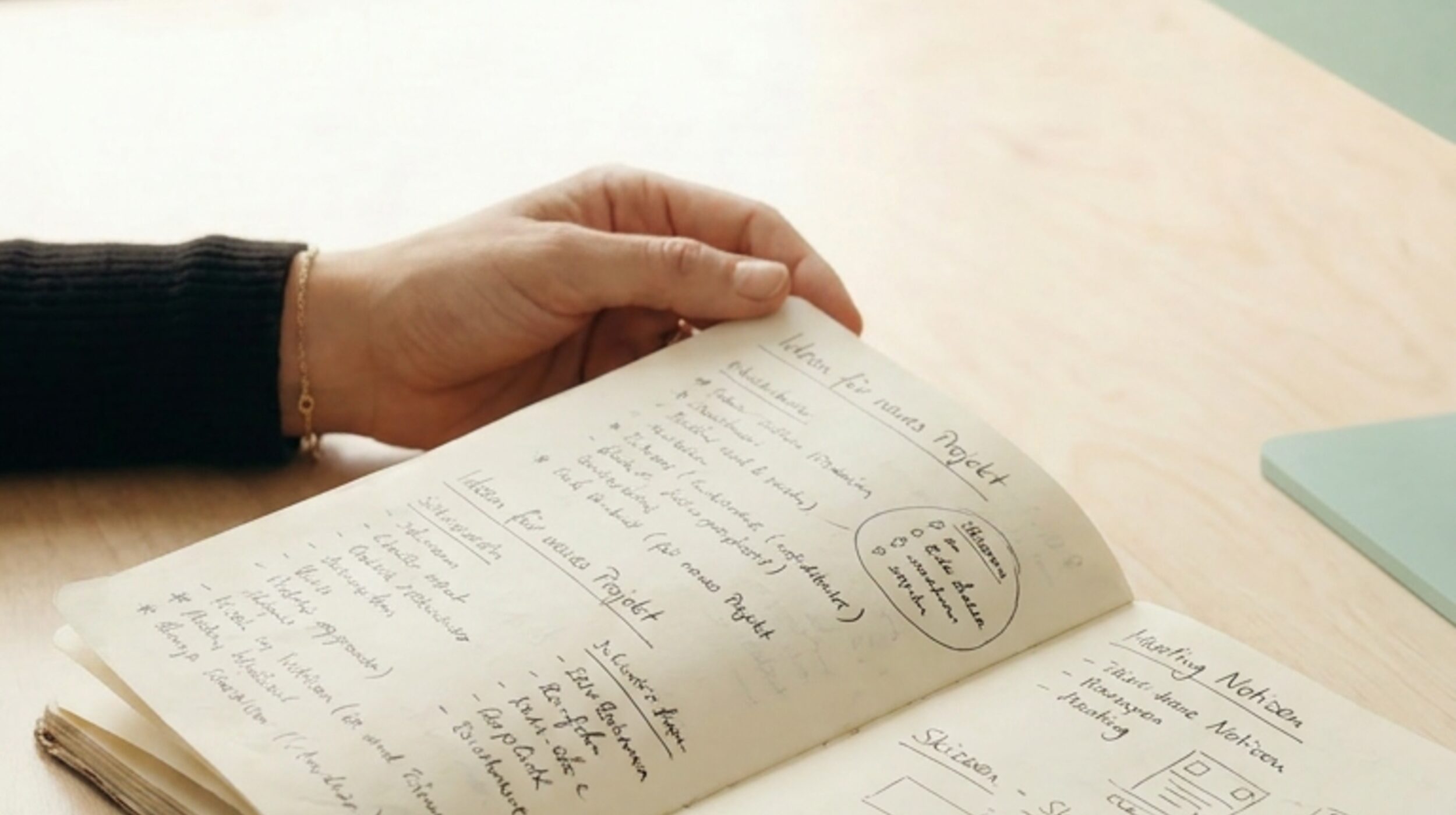 Hand schlägt Seite in Notizbuch um