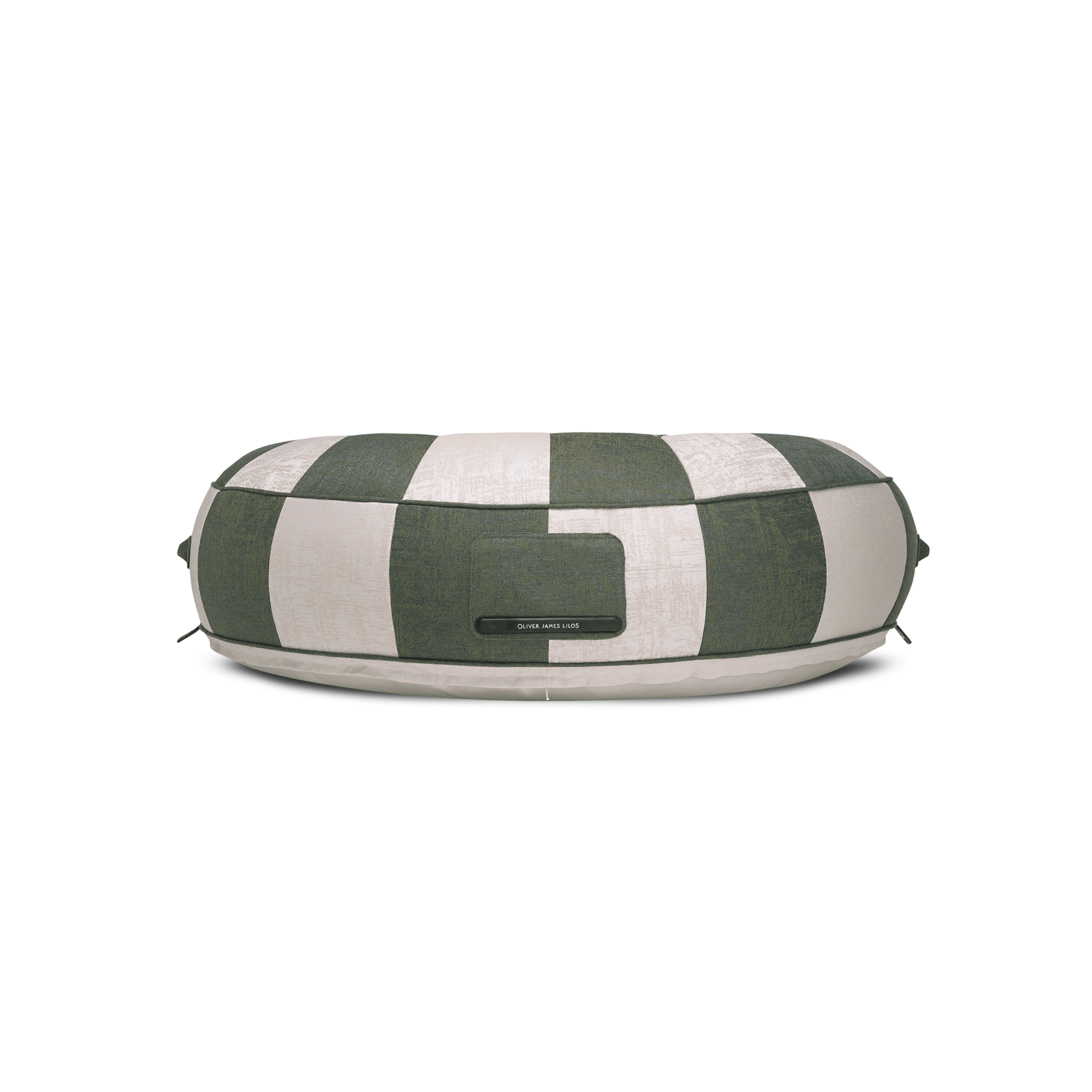 Ring pool float showing green-and-white patchwork jacquard panels and beige base