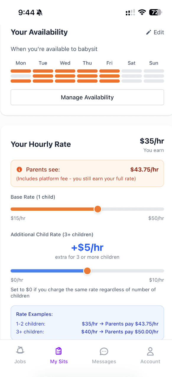 Set your hourly rate screen