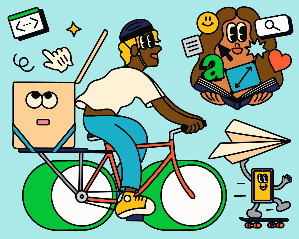 Illustration of a boy riding a bicycle with toggle wheels, facing an animated mobile phone holding a paper plane in one hand while riding a scooter. Other floating elements include a girl's face with an open book in front of her, with icons and arrows coming out of the book.