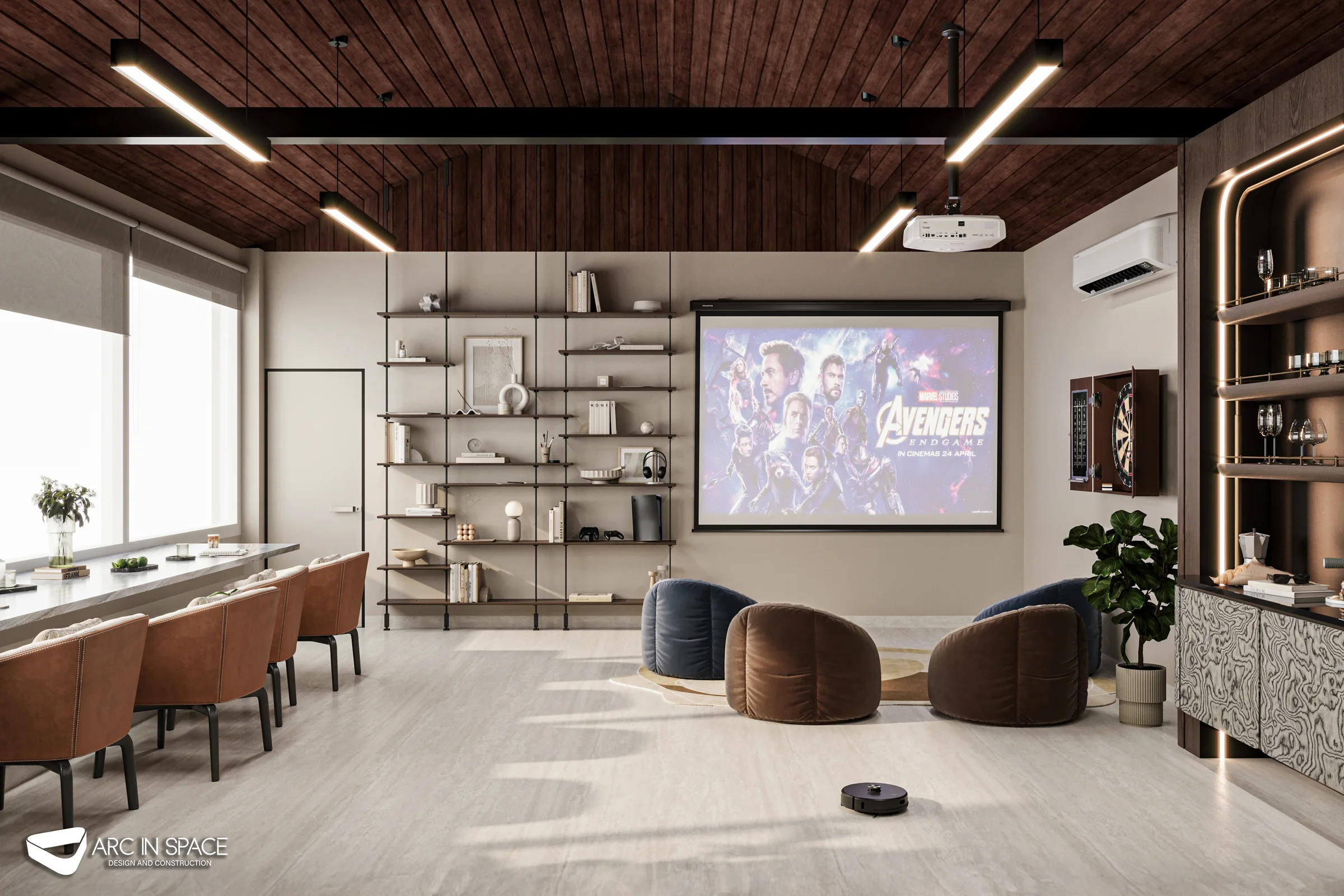 Entertainment area in the Abu Dhabi rooftop lounge with projection screen, games seating and integrated shelving.