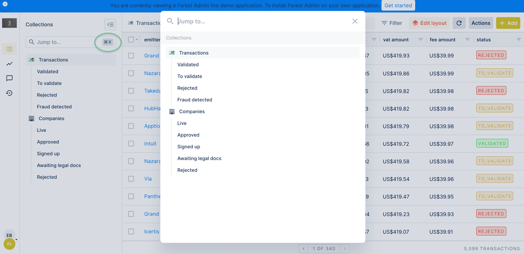 The new Forest Admin dialog to search for collections and more.
