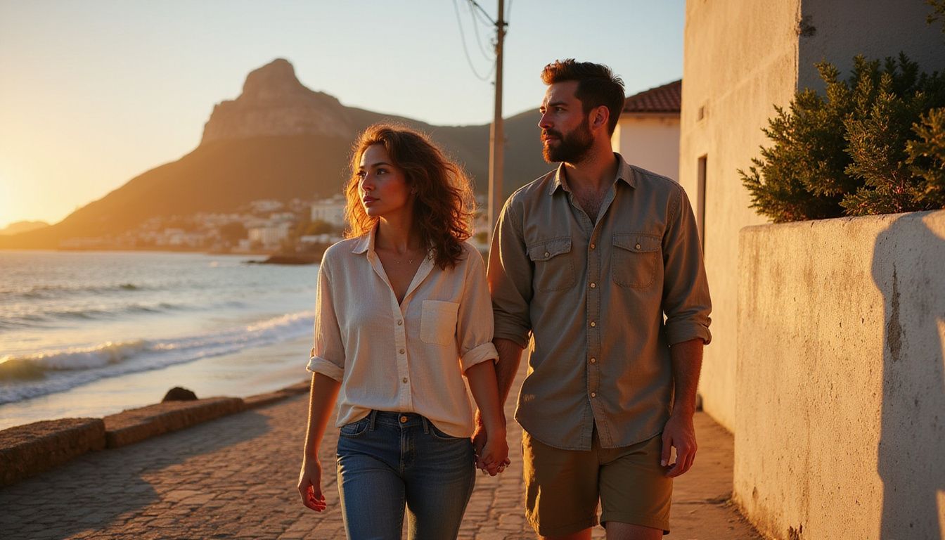 A couple strolls peacefully along a charming street in Camps Bay.