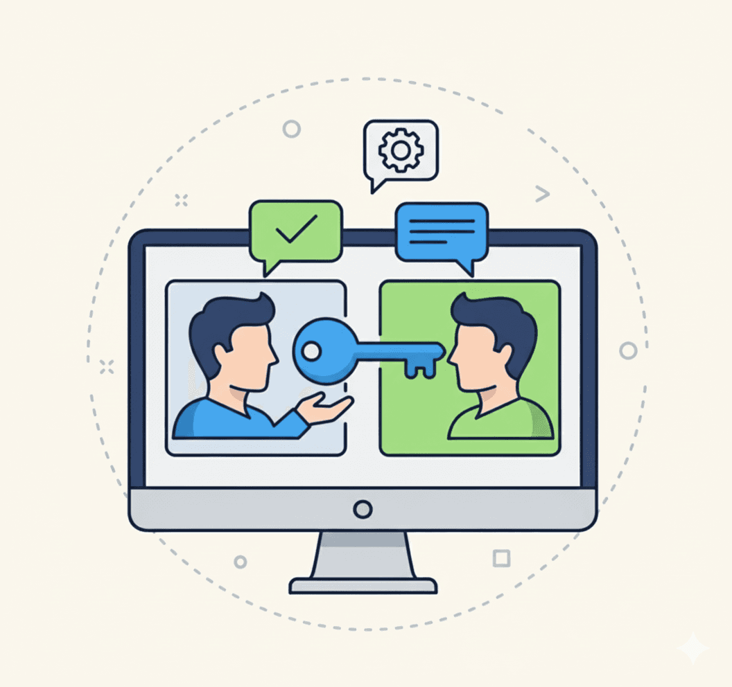 Onboarding icon showing two people on a split computer screen, with one person passing a large blue key to the other, symbolizing access or transition.