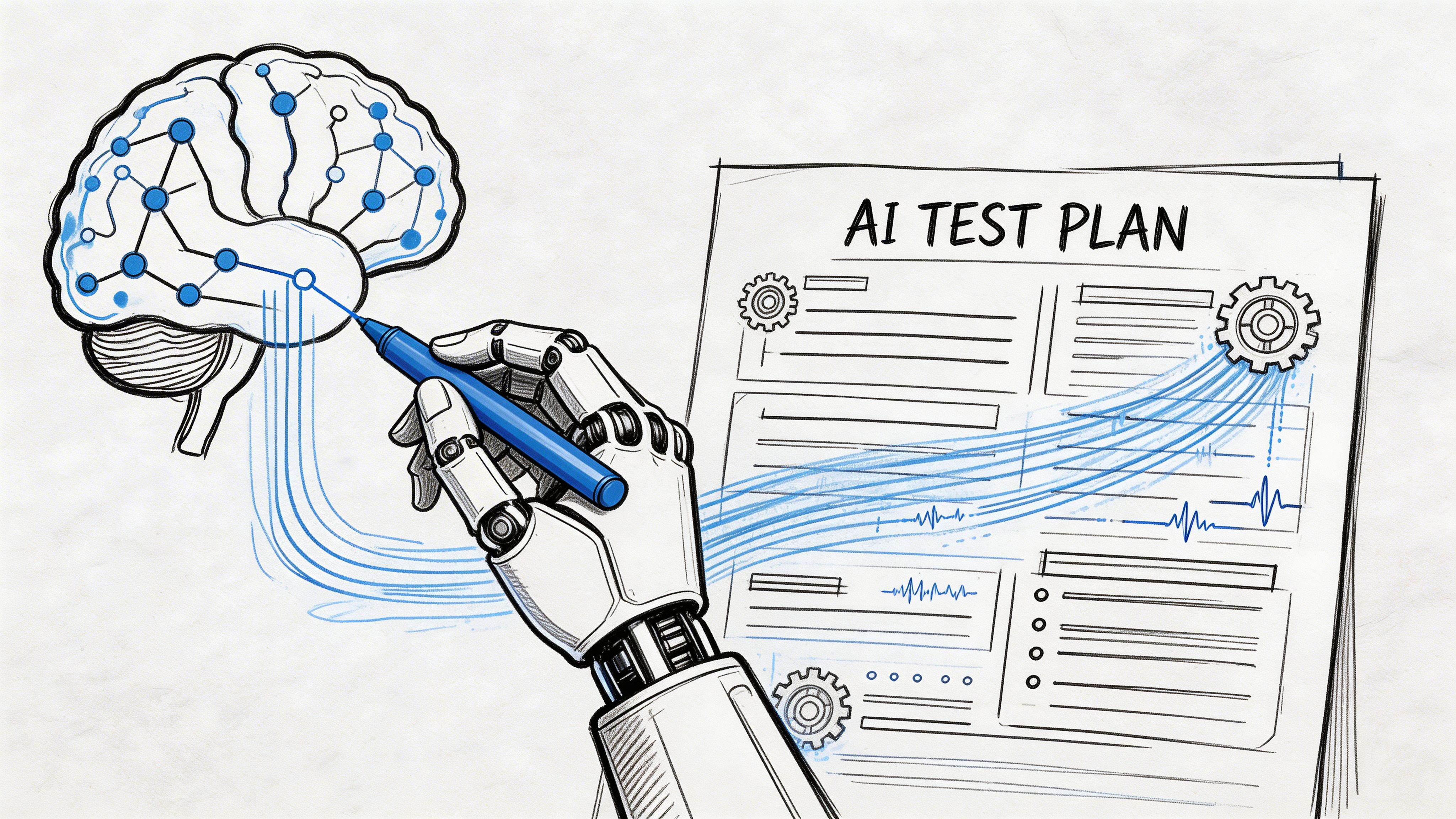 A robot hand using a blue pen to connect a human brain diagram to an AI test plan.