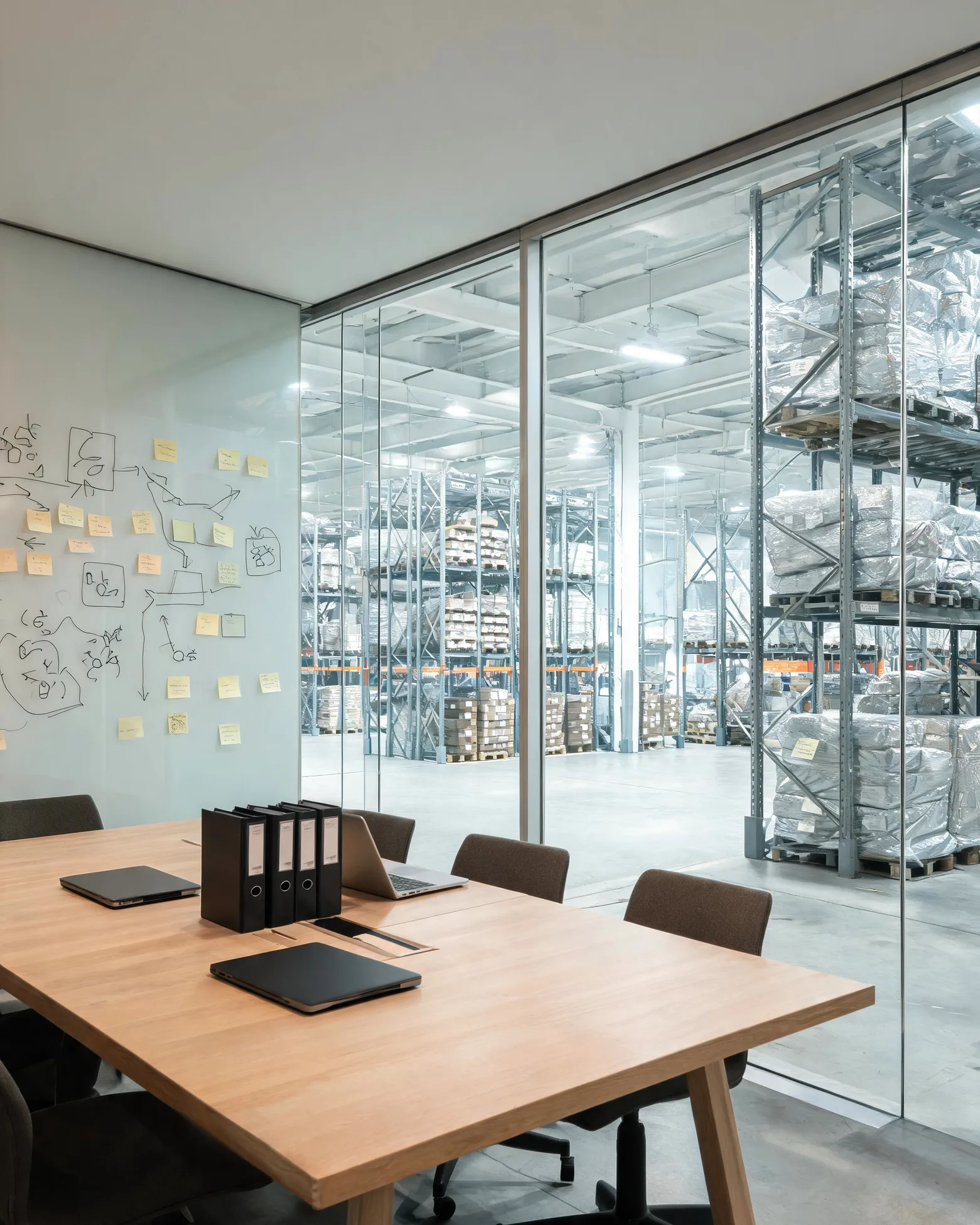An empty glass-walled project room with a long oak table and a process-mapping wall, looking out onto a cold-storage hall of pallets in thermal covers