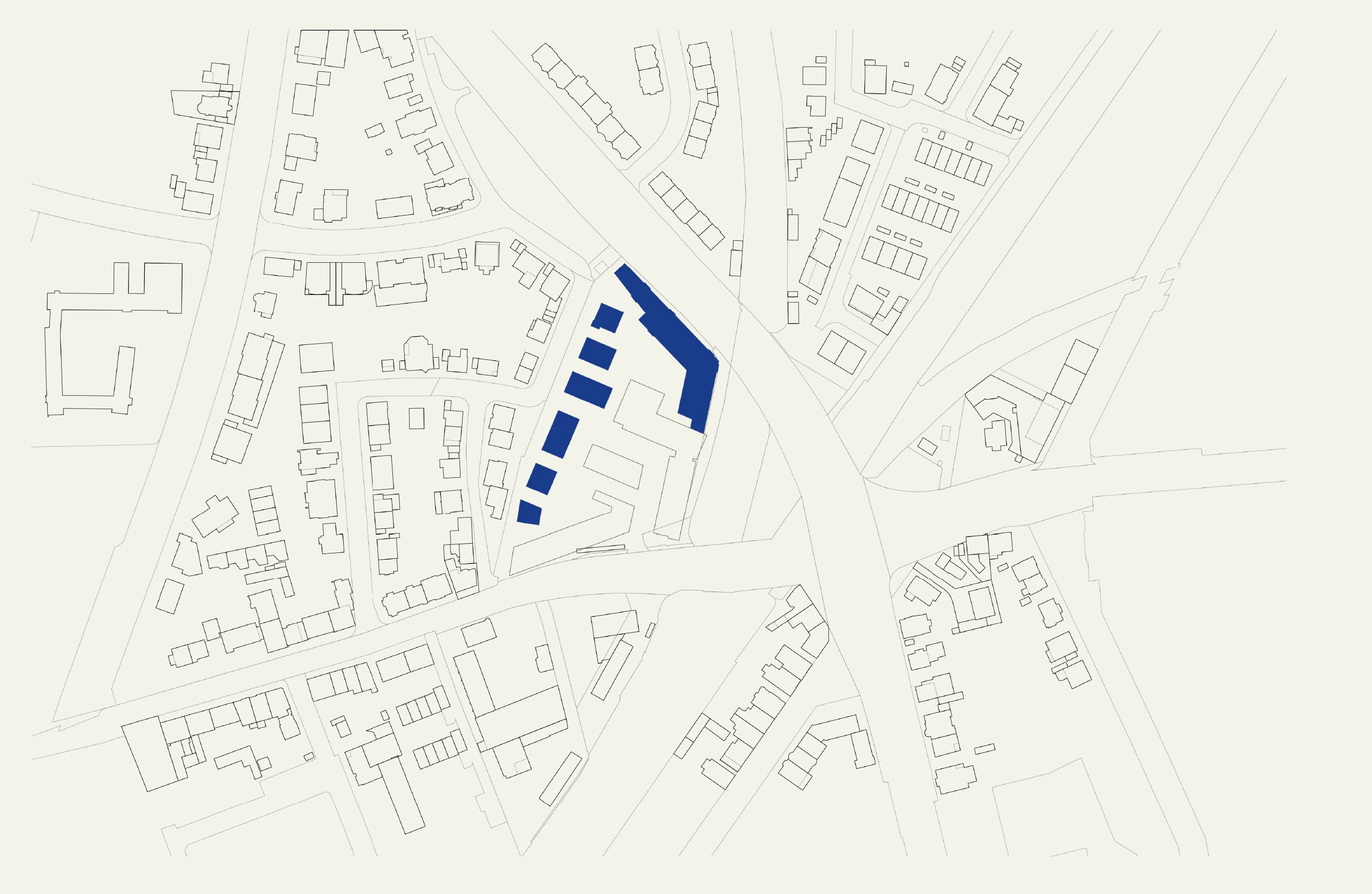 Isometrische Zeichnung eines Bauprojekts mit mehreren Gebäuden und markierten Strukturen in Rot