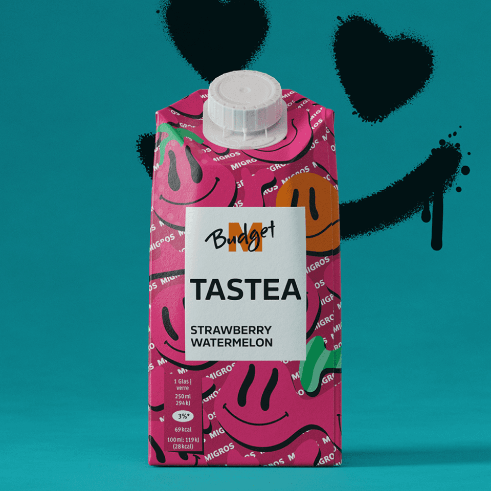 M-Budget Tastea Detail – Verpackungs-Closeup mit Sortenangabe