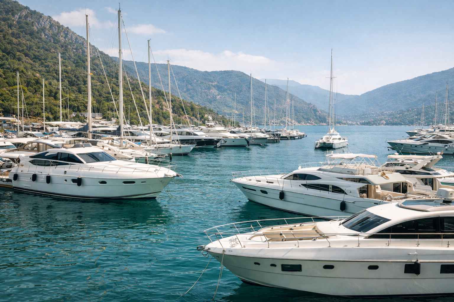 Luxury yachts docked at a marina in Turkey with calm turquoise waters and mountain coastline in the background.
