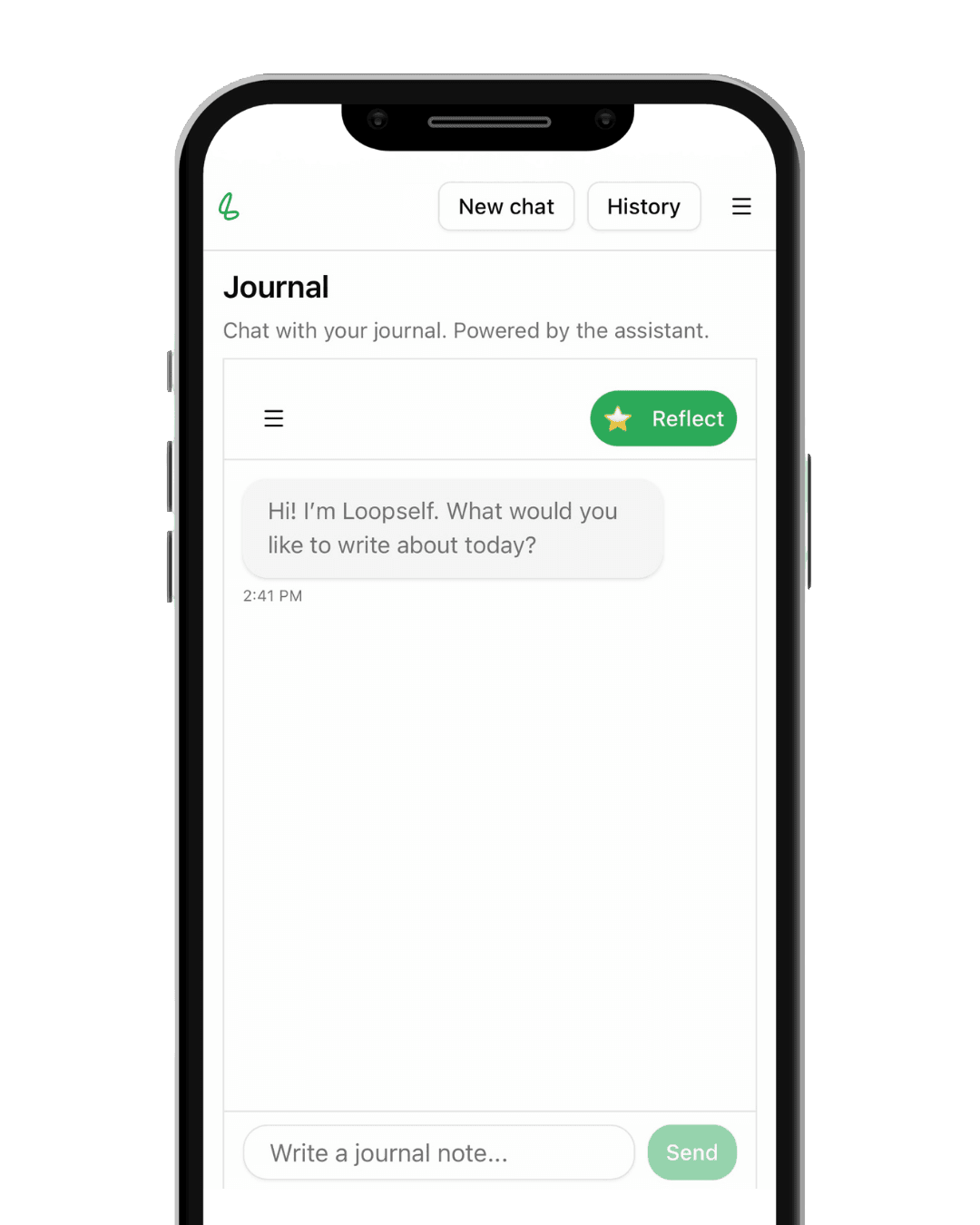 Loopself app home screen showing personalised greeting for Michael J, January 2025 mood calendar, 5-point emotion scale from struggling to great, motivational Wayne Dyer quote, and recent journal activity feed with bottom navigation