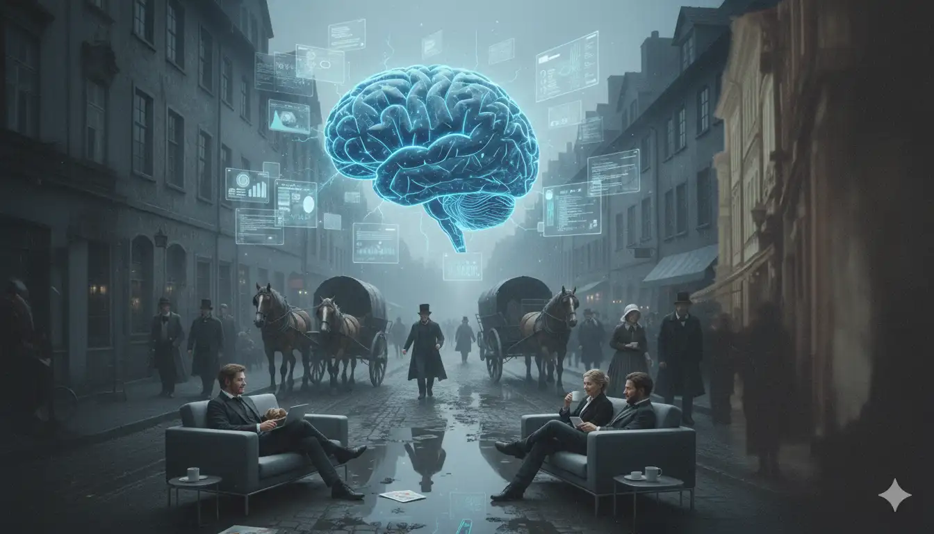 UX Design in 2026 medival times showing old road and a artificial brain in the center with interface components