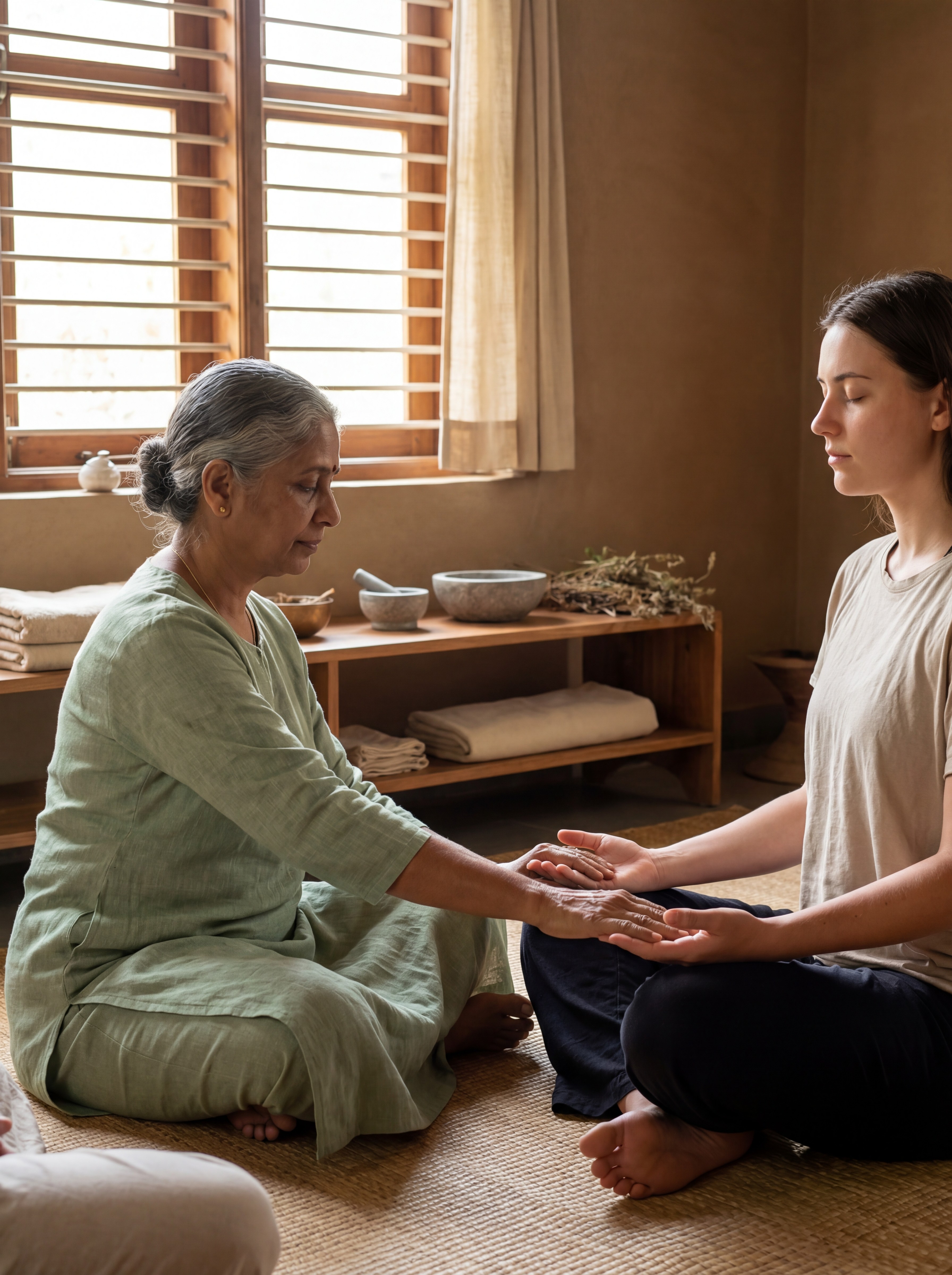 A close-up indoor meditation scene at an authentic Ayurvedic retreat: an Indian yoga or meditation practitioner wearing green guiding a same-gender guest in seated meditation or pranayama. Focus on calm posture, gentle hand guidance, and breath awareness. Soft diffused lighting, minimal wooden interior, linen fabrics, and quiet stillness. No distractions, no clinical elements. Calm, centered mood conveying inner clarity, emotional balance, and stress relief. Refined, understated Ayurvedic wellness aesthetic.