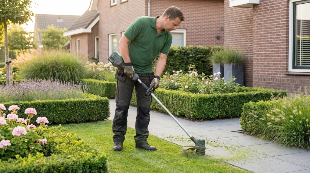 Tuinman gebruikt elektrische trimmer om gras te maaien in een verzorgde tuin.