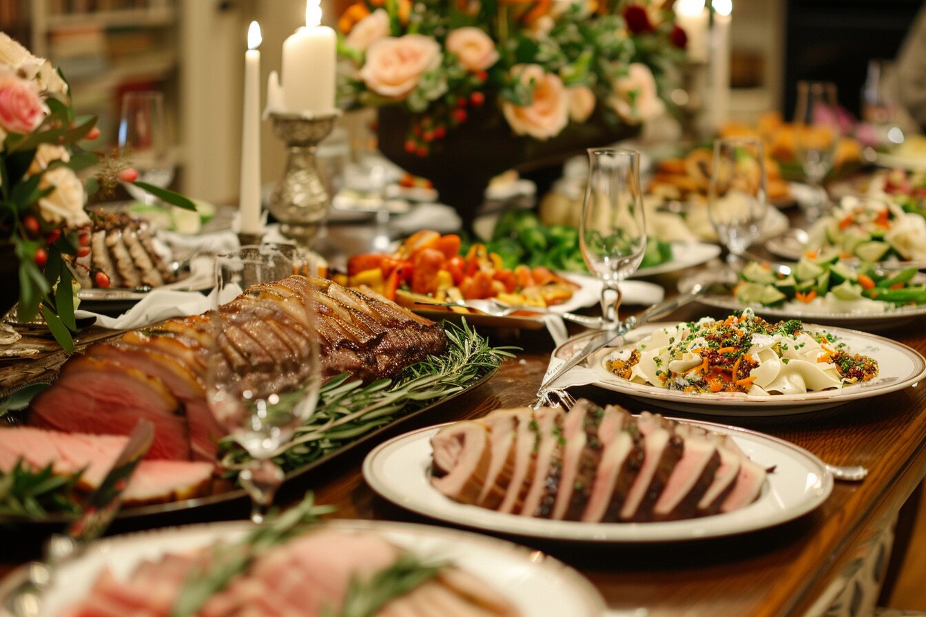 Family-style dinner spread in a River Oaks home with abundant platters, seasonal vegetables, and warm lighting.