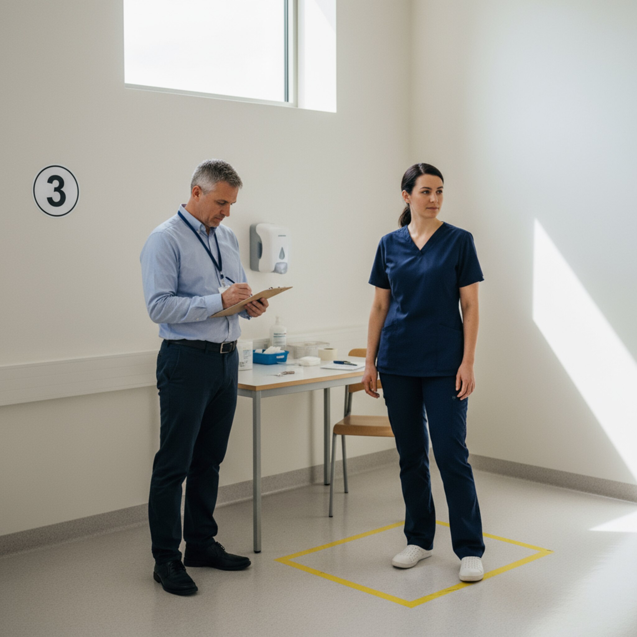 Eine Kandidatin steht an einer OSCE-Station mit markierter Bodenfläche. Ein Prüfer hält einen Klemmbrett-Bogen, während ein Desinfektionsspender neben der Station bereitsteht. Die Station ist schlicht nummeriert, das Setting ruhig und sachlich. Es entsteht der Eindruck klarer Abläufe und fairer Zuweisung.