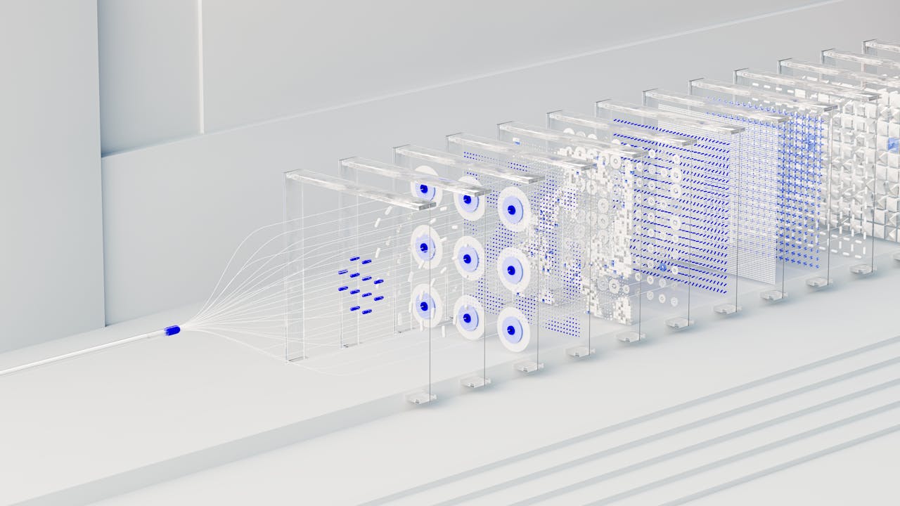 white transparent blocks of data with blue dots interconnecting the blocks