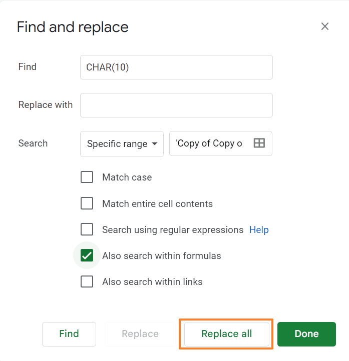 In the "Replace with" field, enter a space