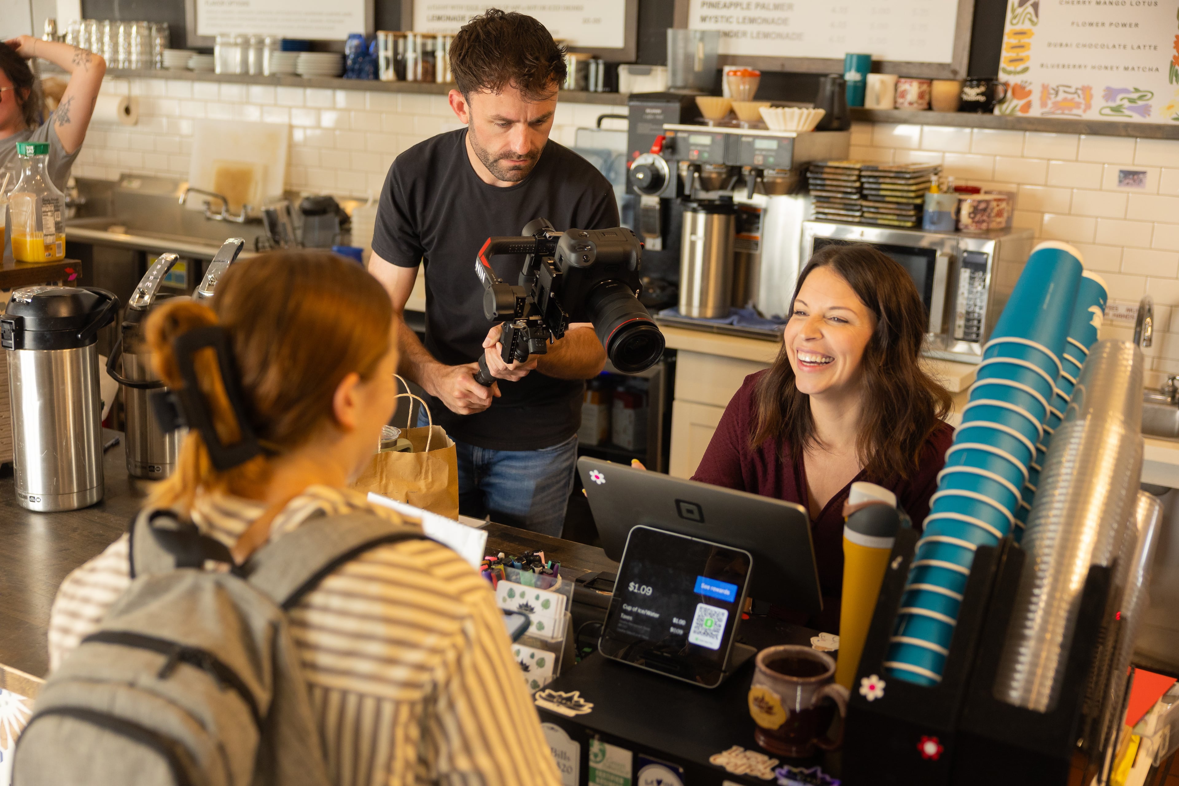 video marketer in a vidoe prodocution for a coffee shop in the midwest