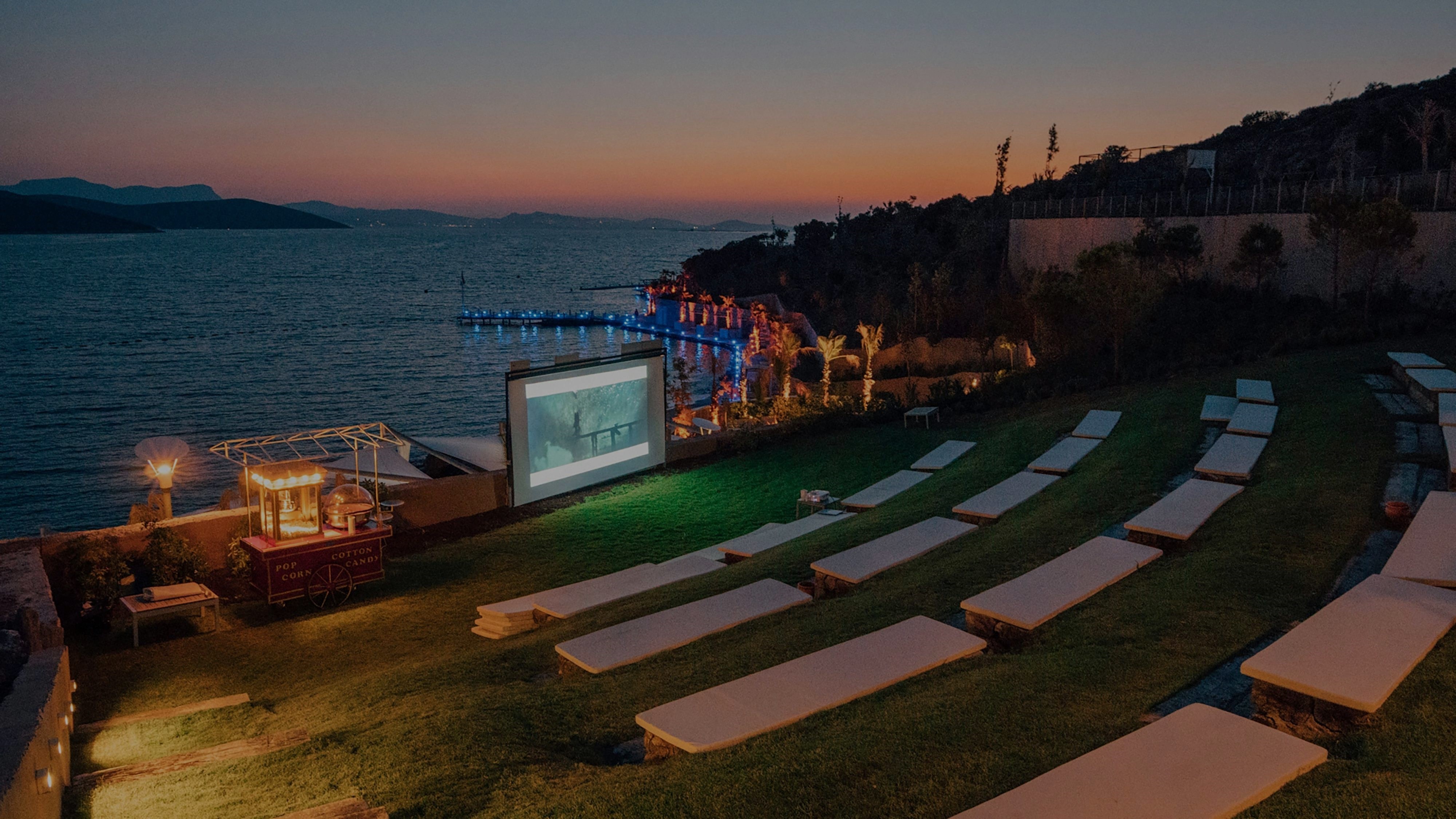 A small outdoor gathering near the beach with an outdoor cinema screen and chair