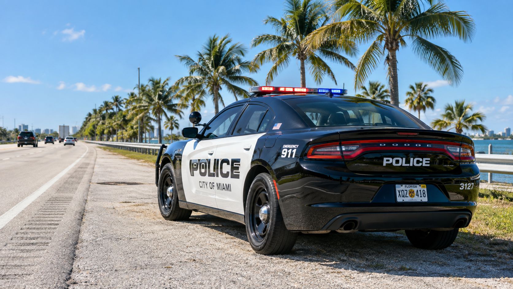 A Florida police car on a highway with a text overlay that reads 'NO OFFICIAL QUOTAS'.