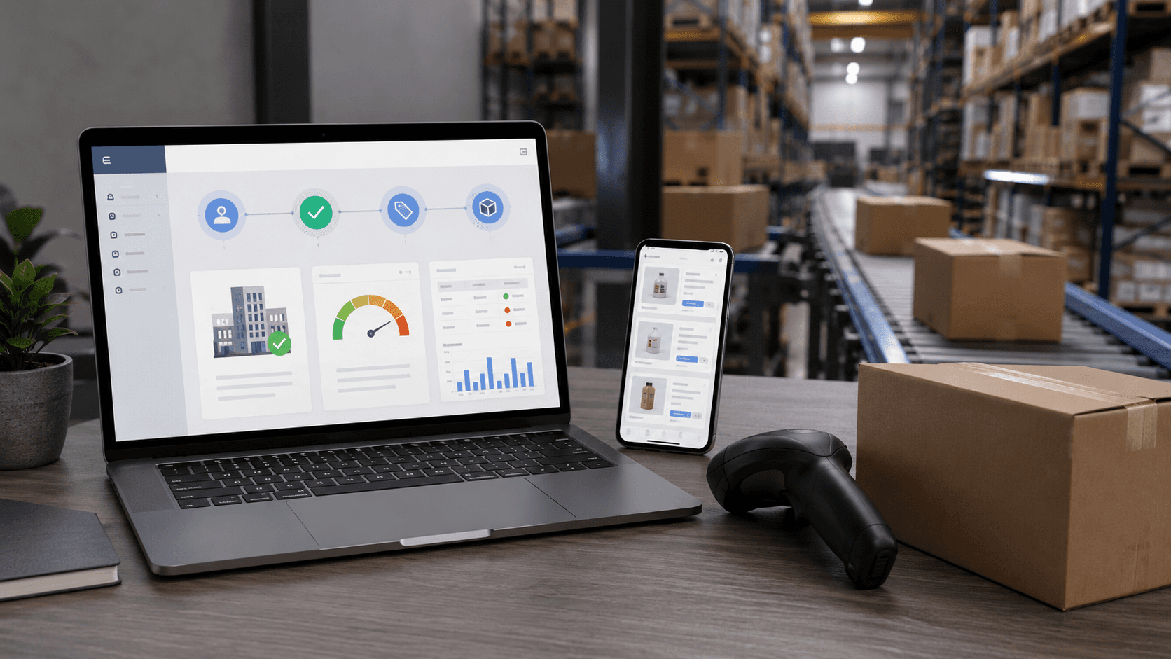 Renderização 3D realista em formato panorâmico mostrando uma operação moderna de distribuição. Em primeiro plano, uma mesa com notebook aberto exibindo um fluxo digital de gestão, smartphone com catálogo de produtos, leitor de código de barras e uma caixa de envio. Ao fundo, um centro de distribuição organizado com estantes altas, caixas armazenadas e uma esteira transportando pedidos. A cena transmite automação, integração entre sistemas, gestão de pedidos e escalabilidade de operações atacadistas, sem presença de pessoas ou textos visíveis.