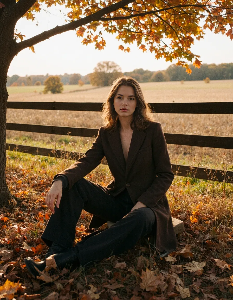 Autumn fashion portrait with brown blazer against golden countryside backdrop, person seated beneath maple tree with fall foliage
