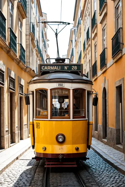 Classic yellow tram traveling down a narrow European street with tall buildings.
