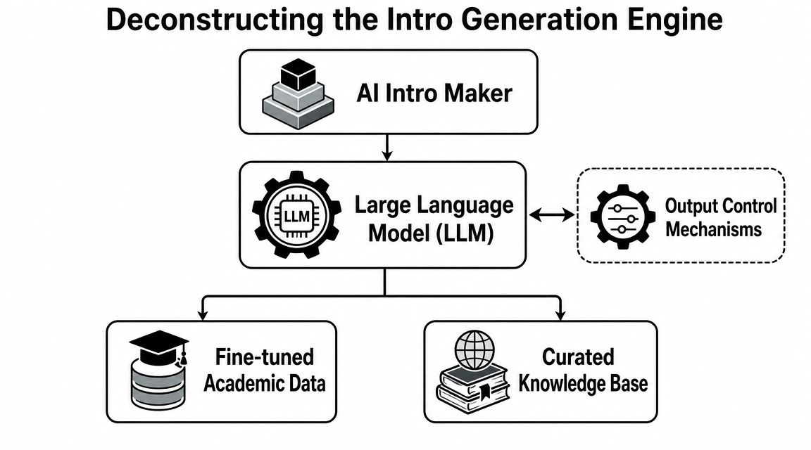 A diagram illustrating the components of an AI intro generation engine, showing LLMs, data, and control mechanisms.