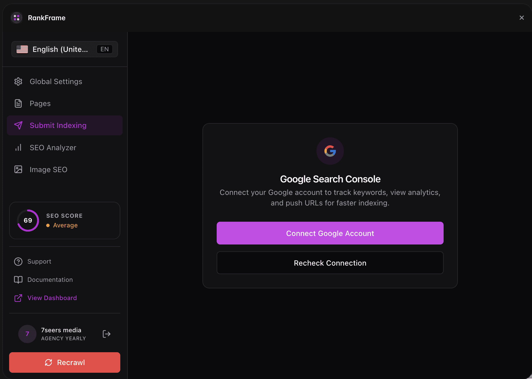 Google account connected to RankFrame