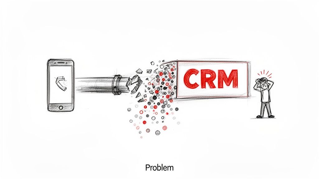 Sketch shows mobile data breaking before reaching CRM, causing frustration for a person.
