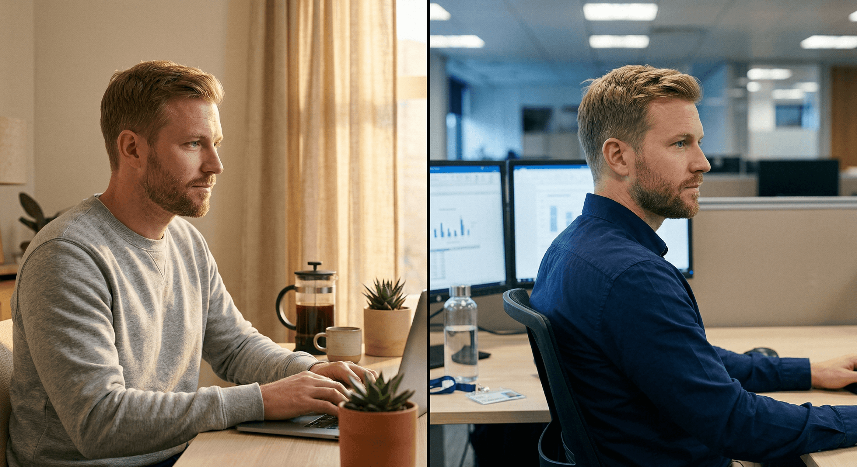 Split view of an employee working from home one day and in the office another, representing a hybrid work ADA accommodation