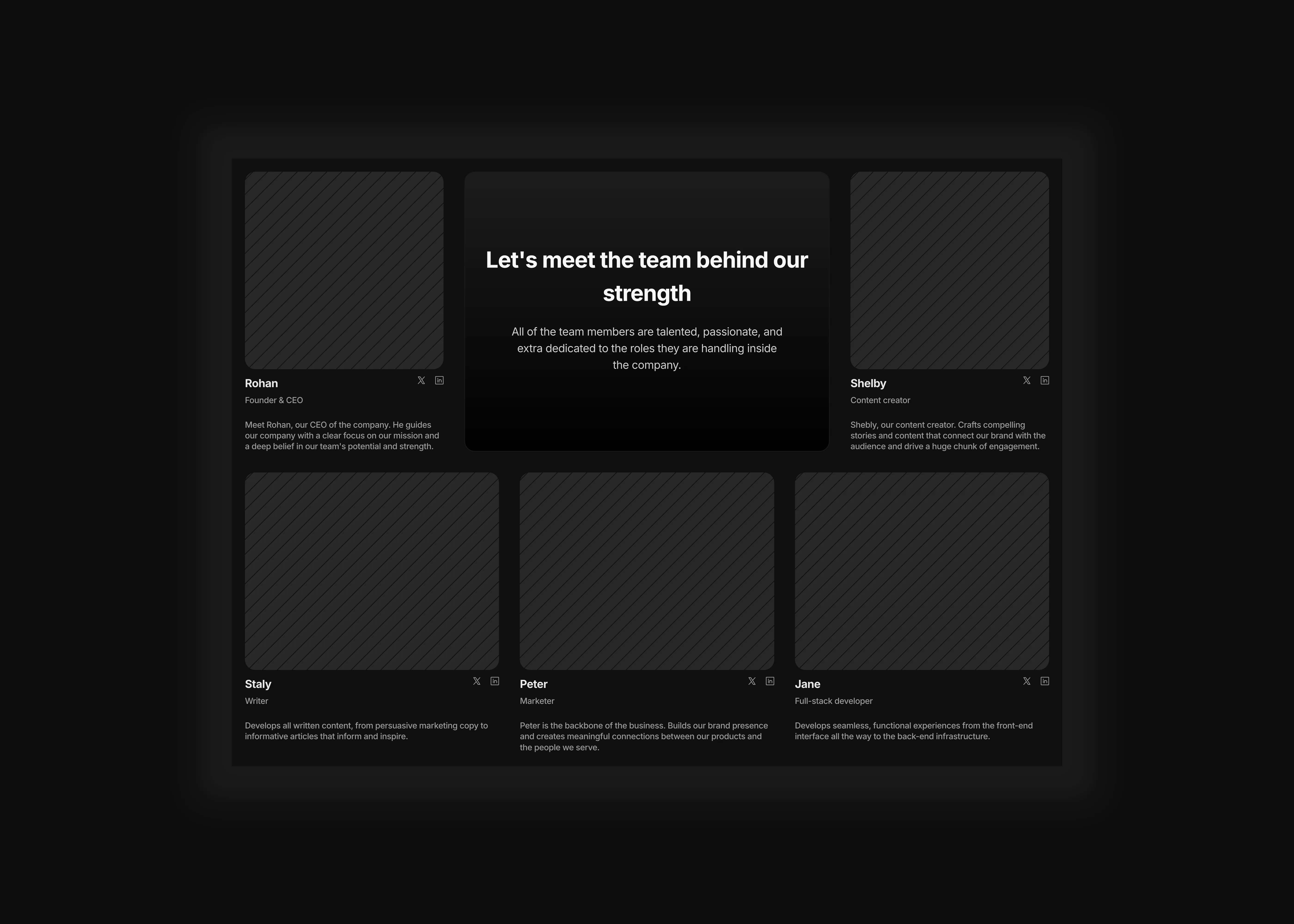 A clear and minimal dark themed team page section optimized for desktop and tablet devices.