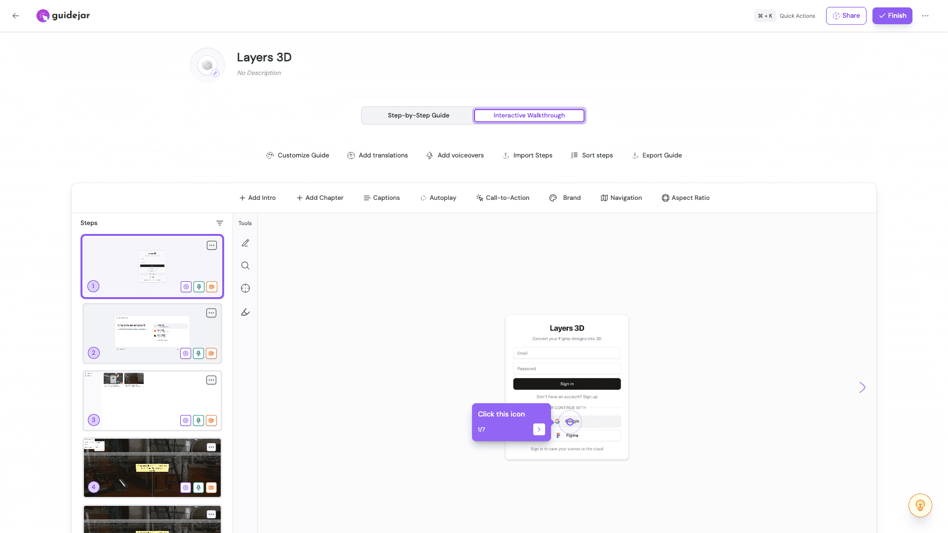 Guidejar interactive walkthrough editor with step thumbnails and customization options