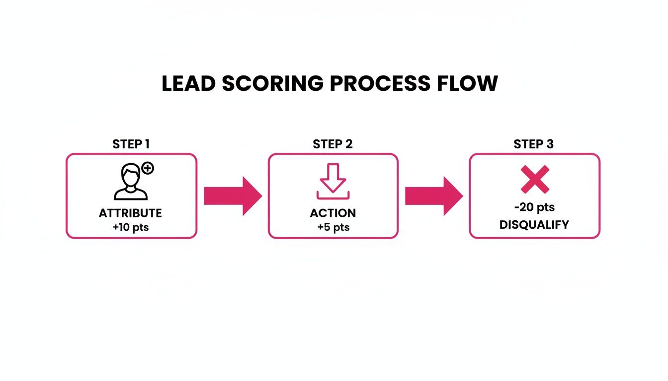 A lead scoring process flow diagram illustrates three steps: attribute (+10 pts), action (+5 pts), and disqualify (-20 pts).