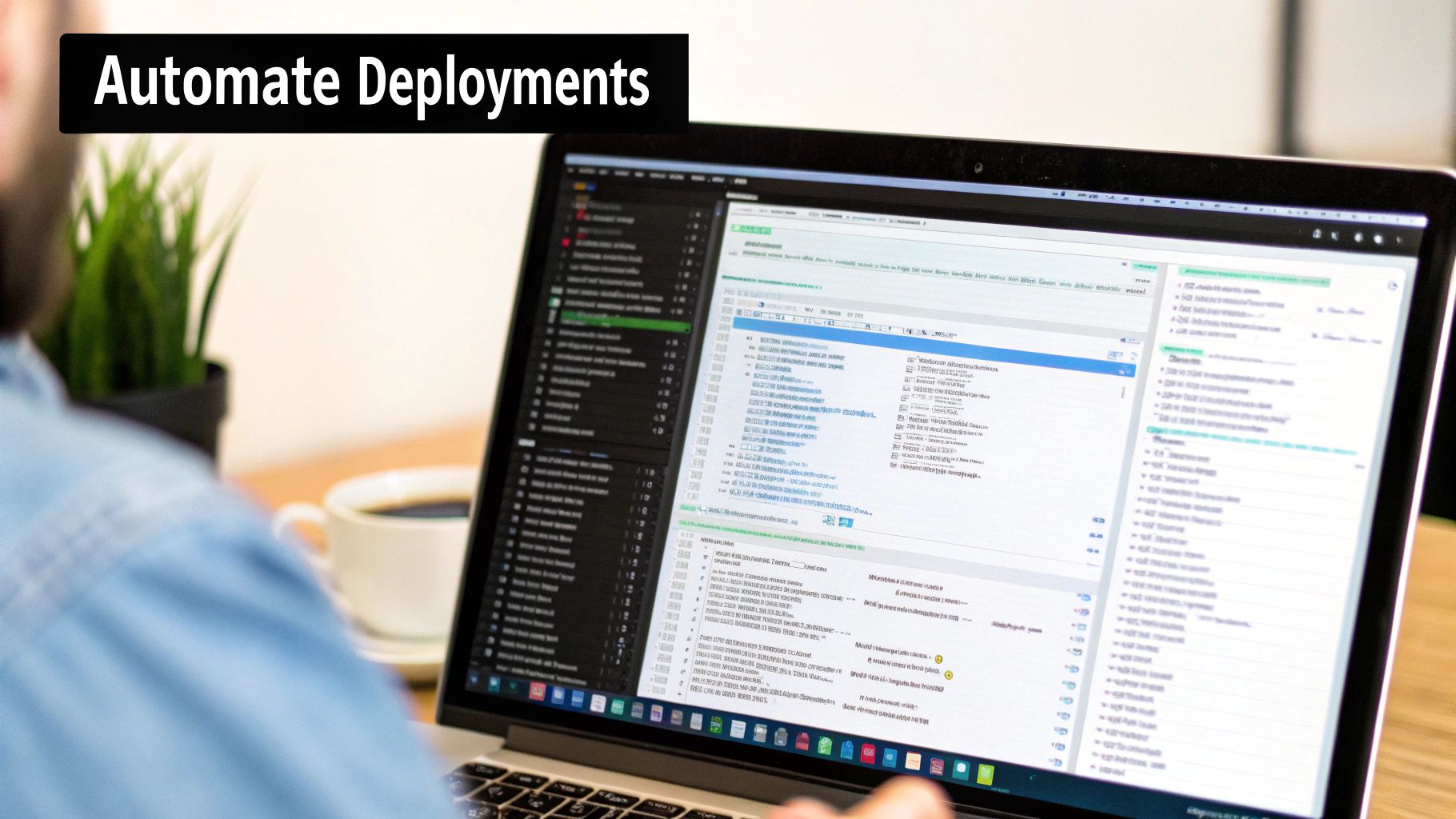 A person working on a laptop with a complex software interface and the text 'Automate Deployments'.