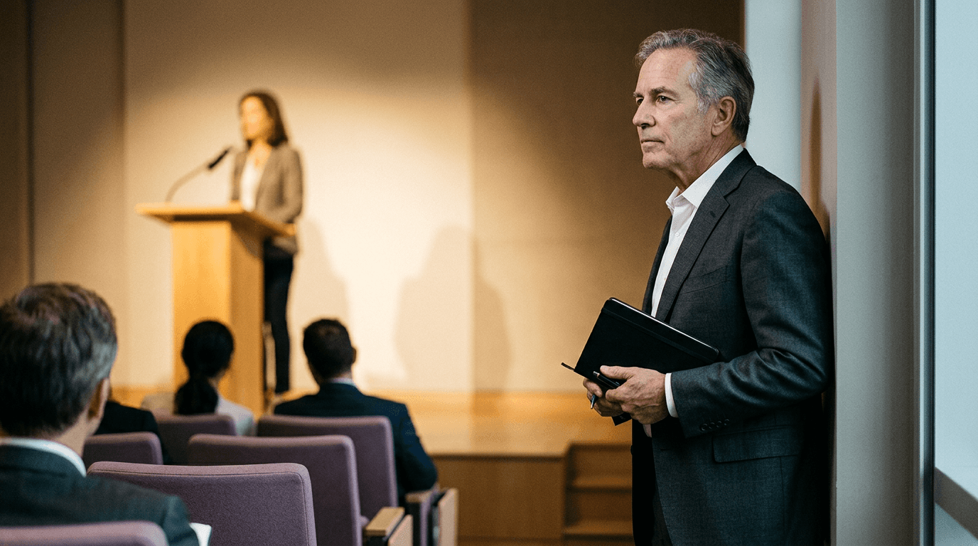 Communications leader observing audience reaction during a corporate town-hall as an executive speaks at a podium