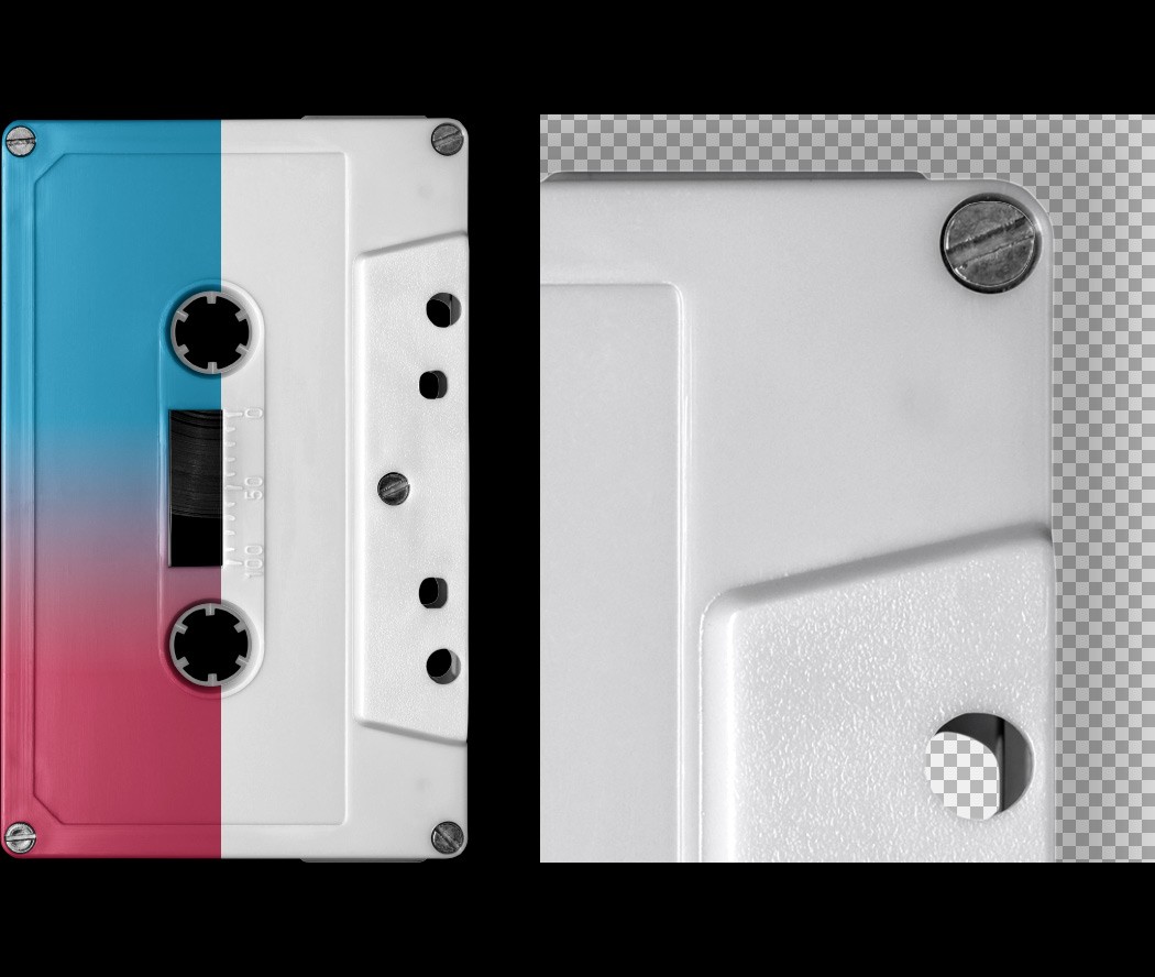 Cassette Case Mockup 02 close-up of a white plastic tape shell with realistic screw details.