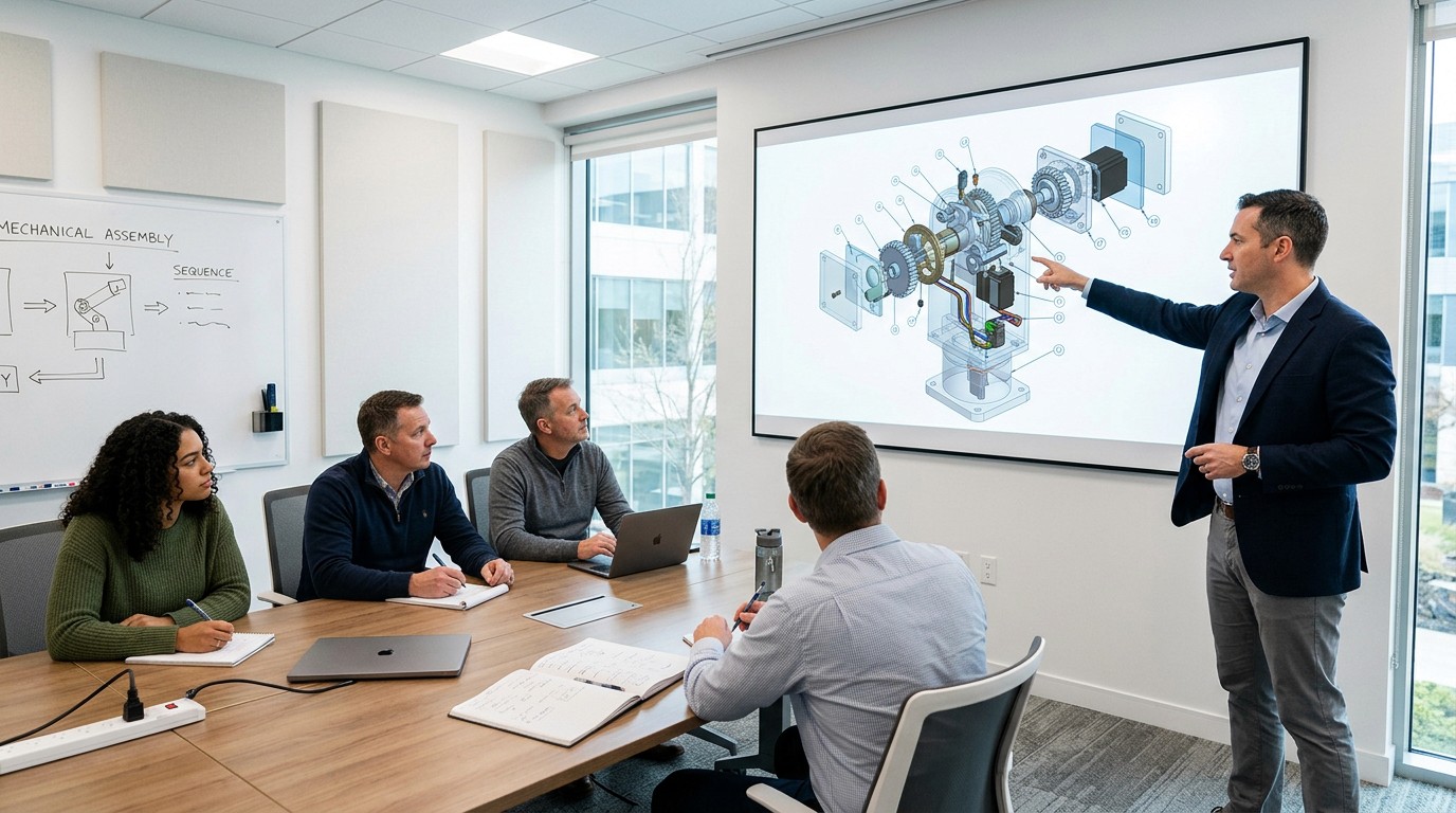 3D animation for employee training in manufacturing — instructor presenting exploded mechanical assembly to manufacturing trainees in a corporate training room — Penguincil Design