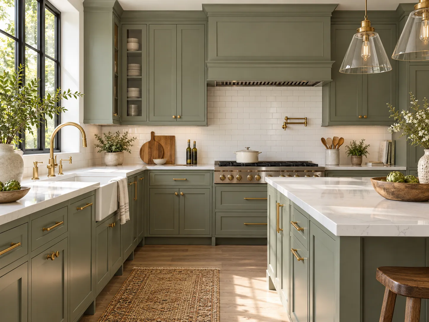 Kitchen with freshly painted navy lower cabinets and warm white uppers