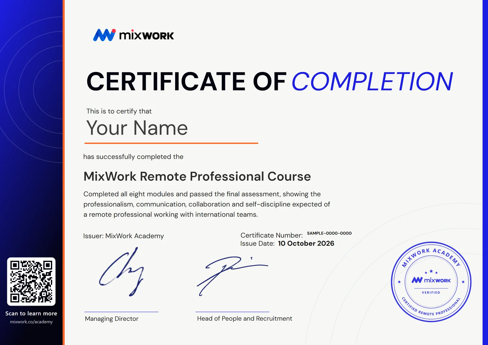 Sample MixWork Certified Remote Professional certificate issued by MixWork Academy