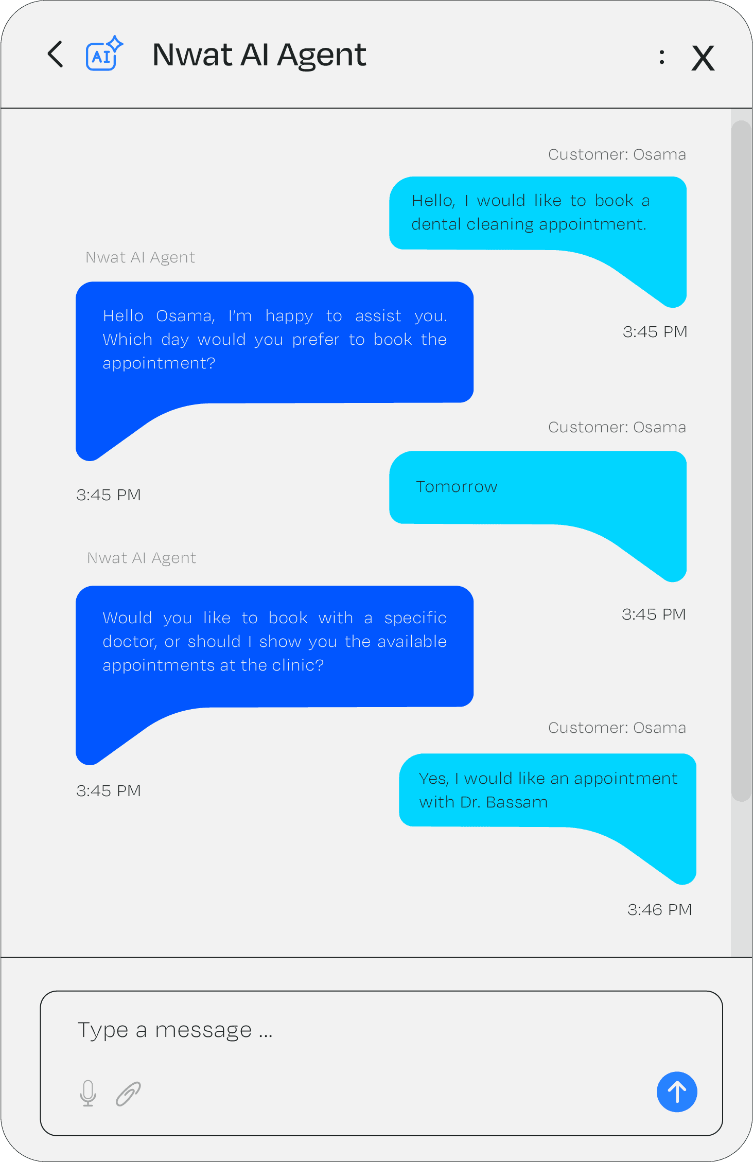 NWATAI smart agent conversation for booking a dental appointment, with an instant natural-language reply