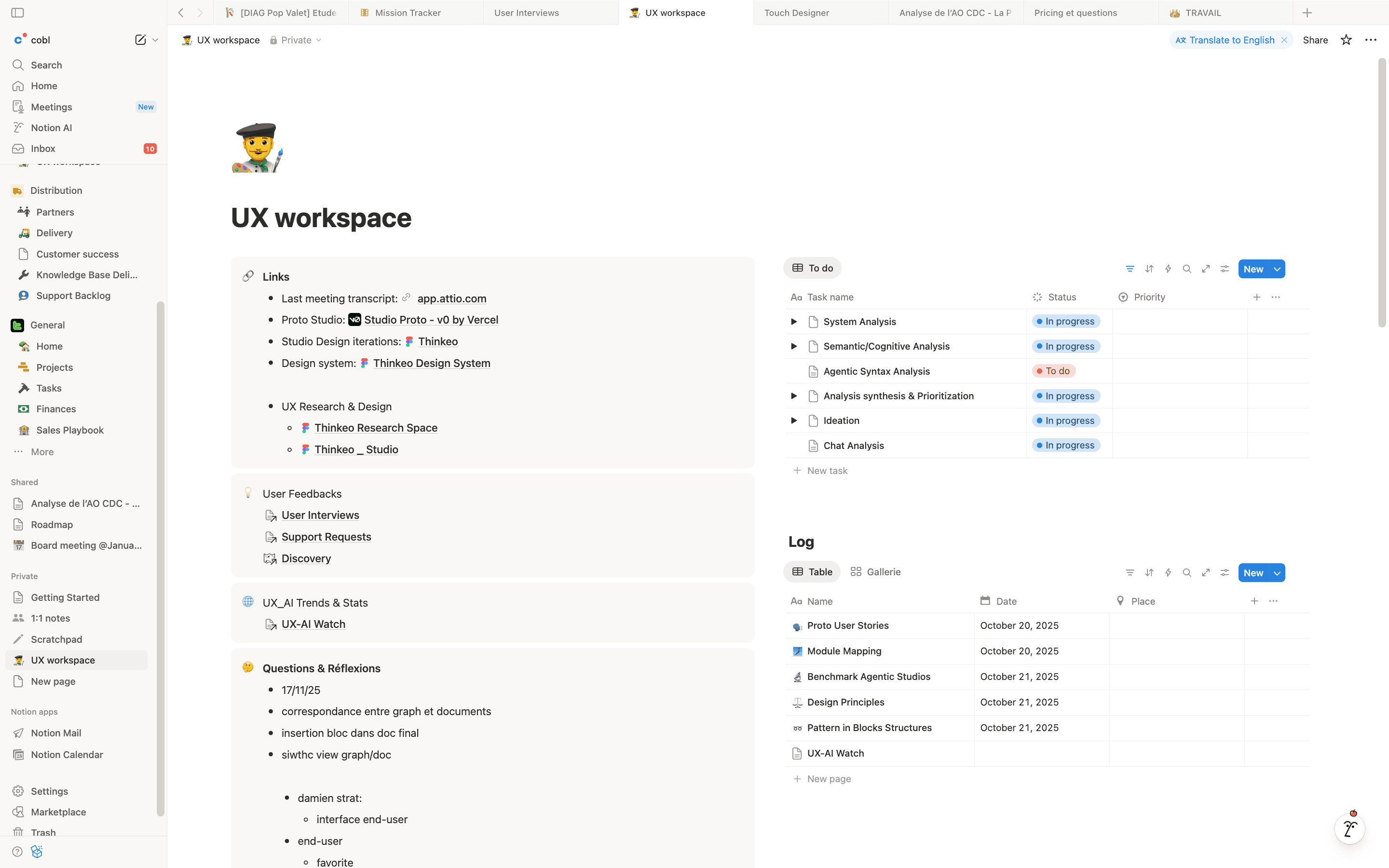 UX workspace with design tasks, user research, and product applications.