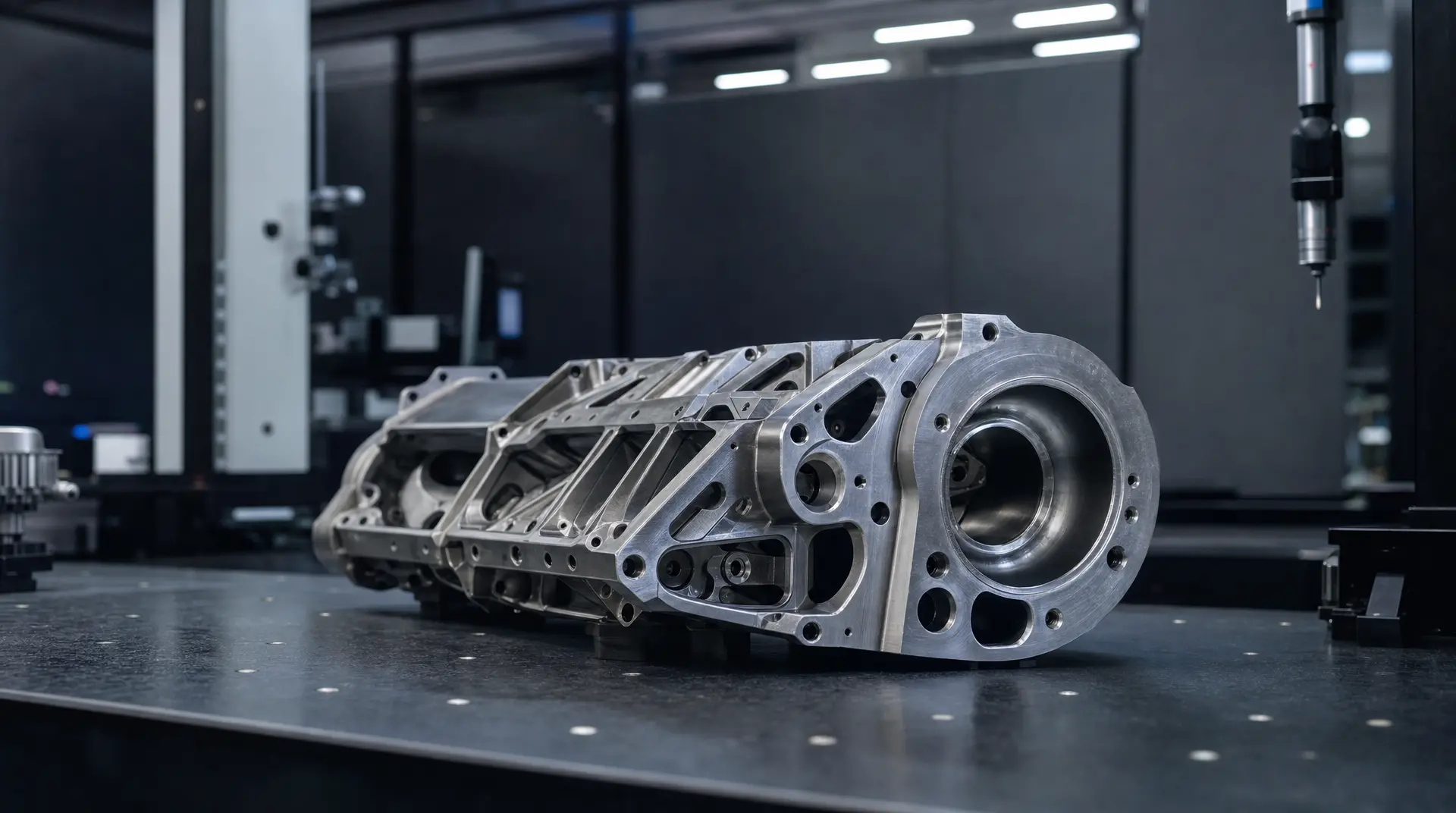 Machined metal robotic assembly lies on a workshop floor in a dim industrial lab, reflecting light while precision tools and components sit in the background for robotics branding.