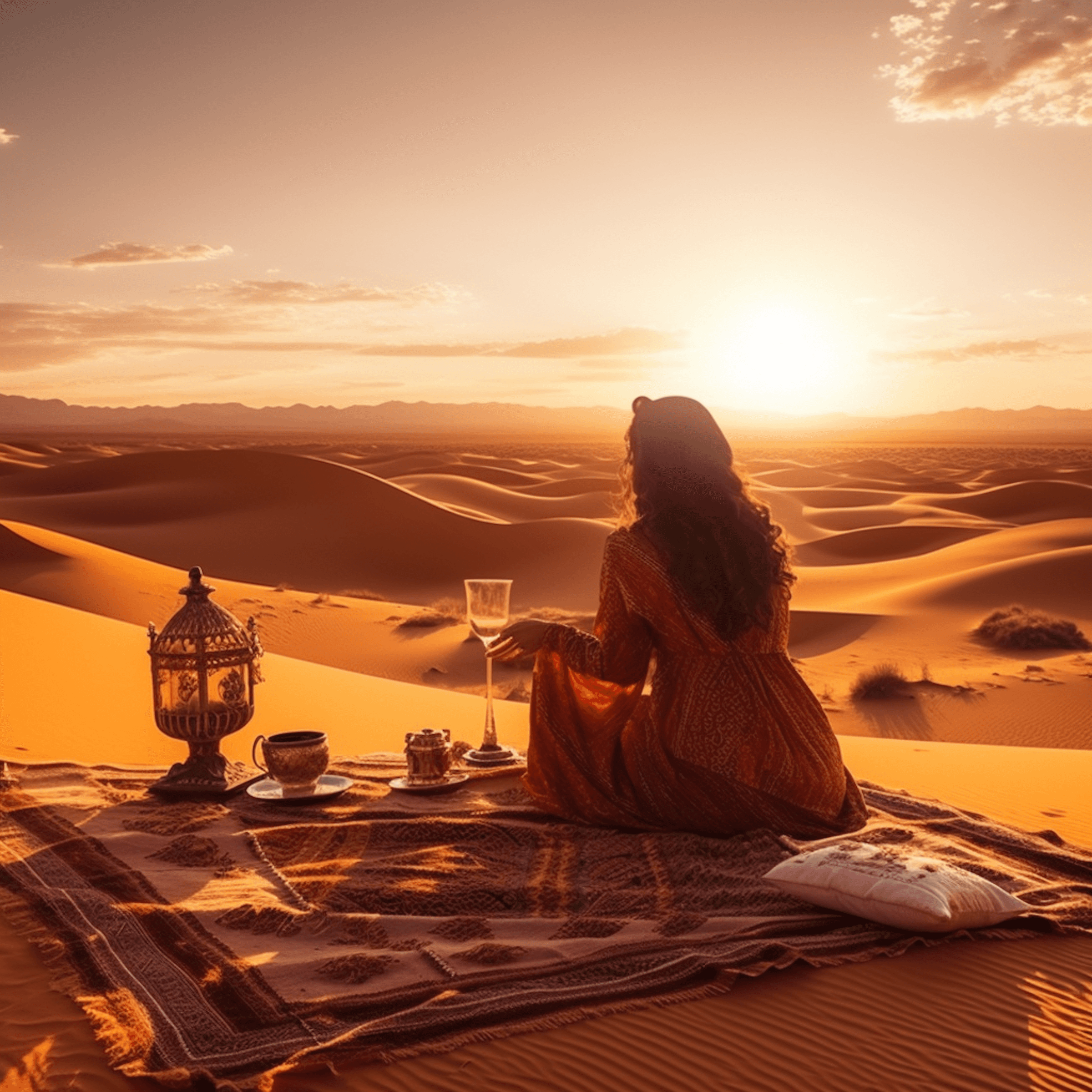 Woman enjoying sunset picnic in the desert, surrounded by lanterns and golden light.