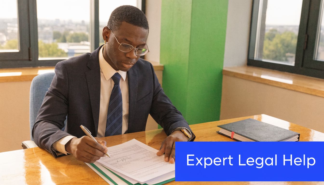 A professional man in a business suit signing a document at a wooden desk in an office.