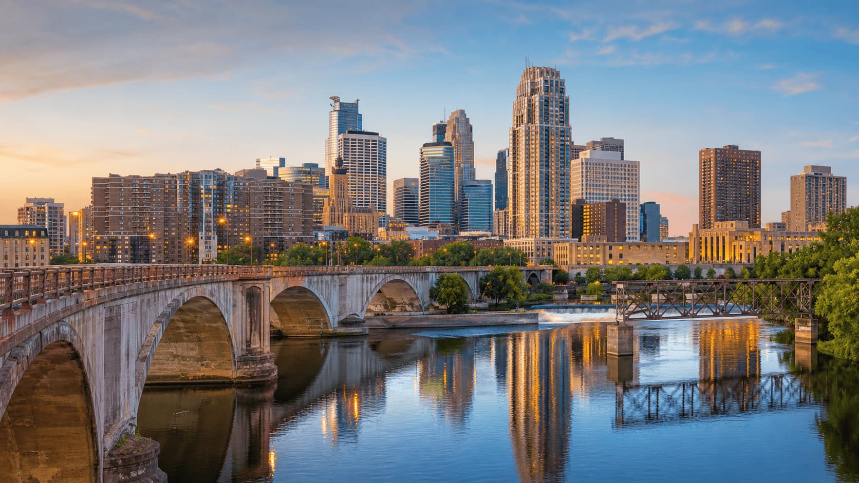 Minneapolis skyline with Mississippi River and city bridges