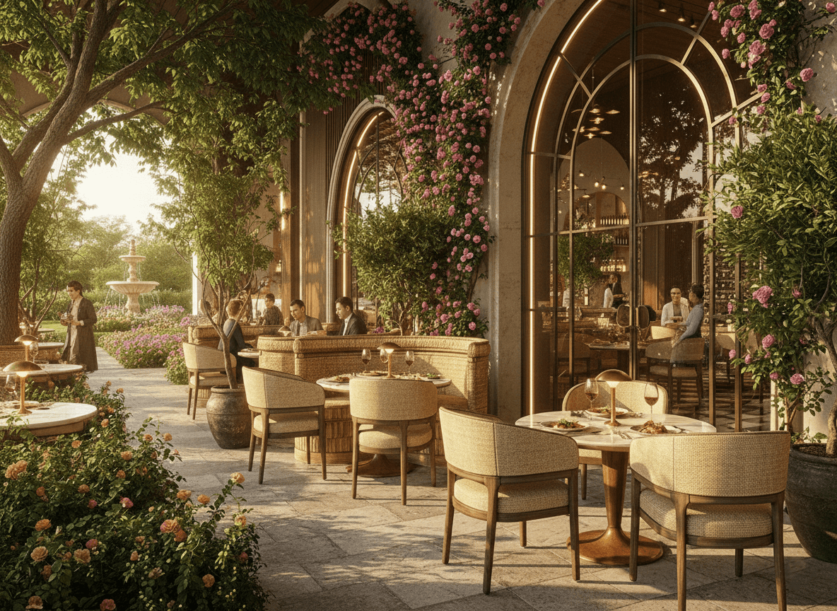 Beige interior with natural stone walls, sunlight, and geometric shadows over a calm water pool.
