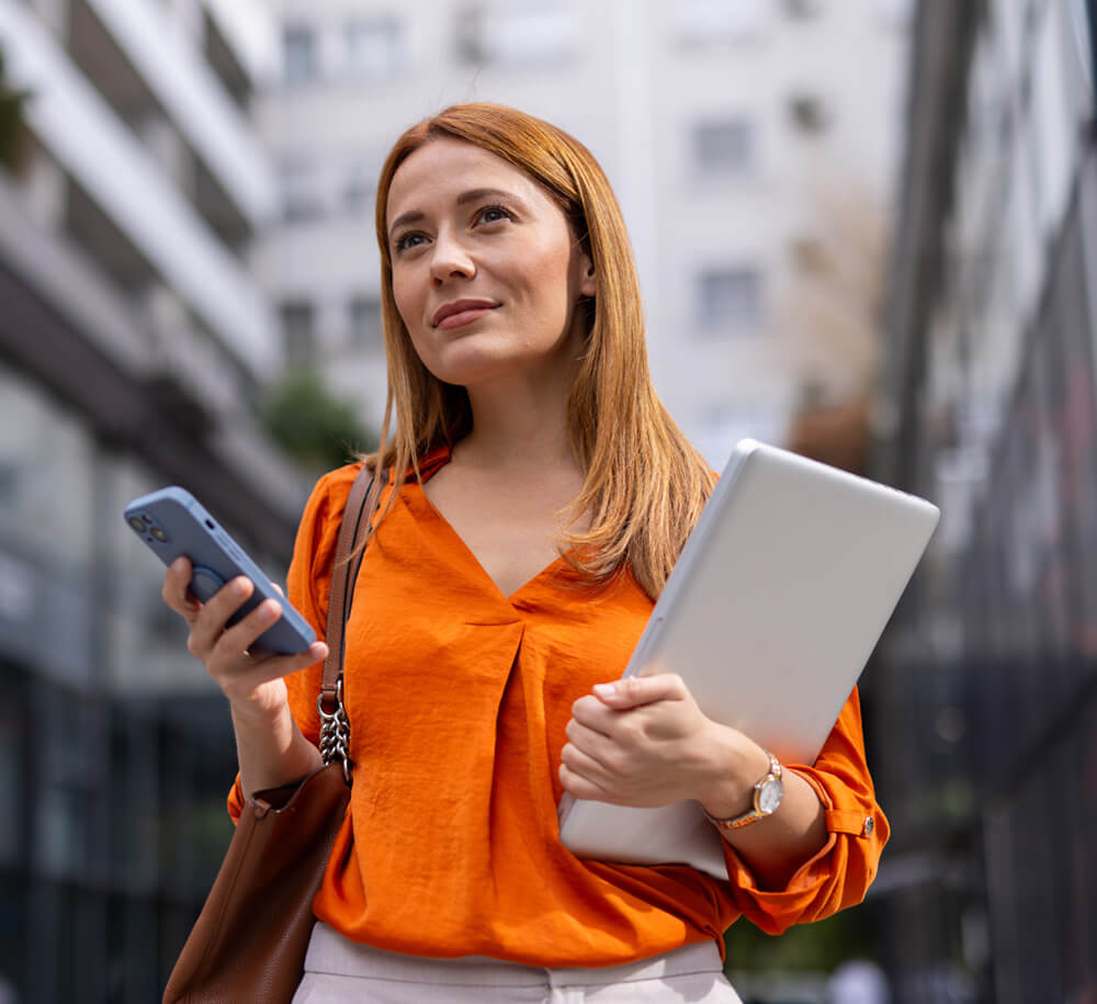 confident woman walking in city