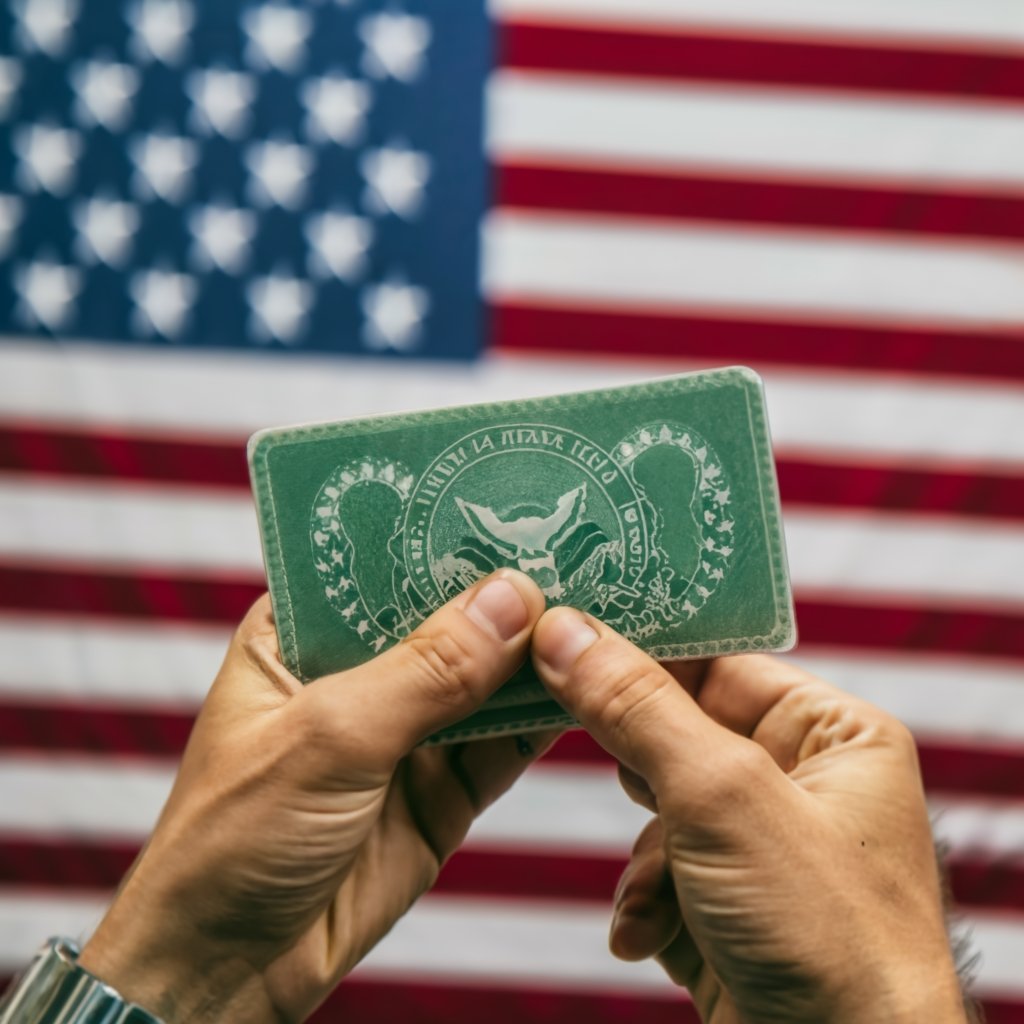 Close-up of a pair of hands securely holding a U.S. Green Card, with the colors of the American flag blurred in the background. The focus on the Green Card highlights the central theme of lawful permanent residency, symbolizing the achievement and significance of obtaining this status in the United States.