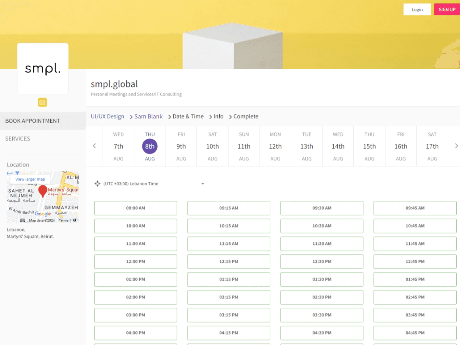 picktime's date picker before screen